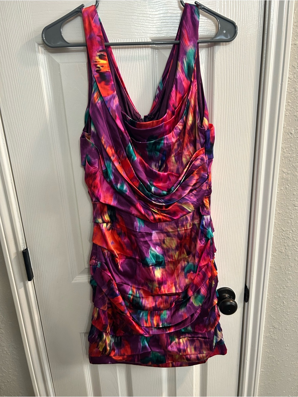 NWT Express Design Studio Satin Mini Dress Pink Purple Red Floral Ruched Size 12